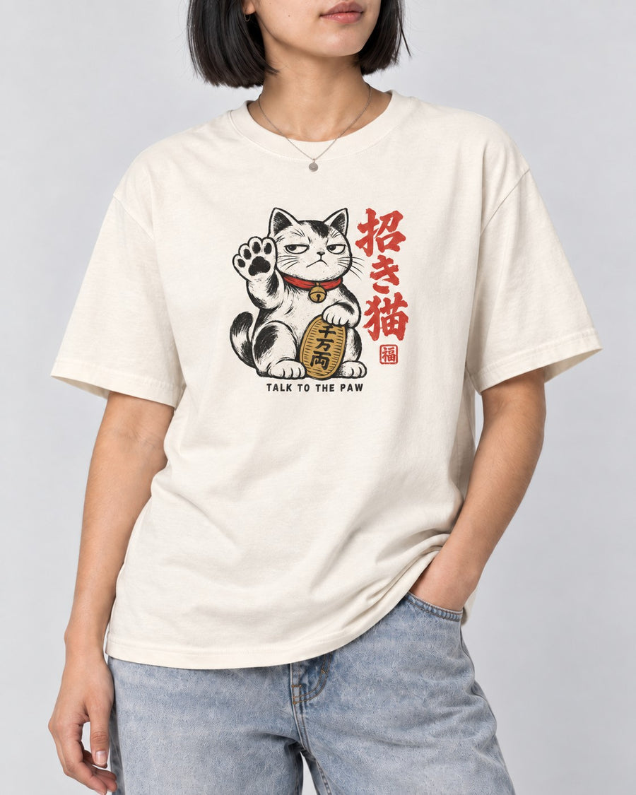 Talk to the Paw Maneki Cat T-Shirt in Ivory, close-up