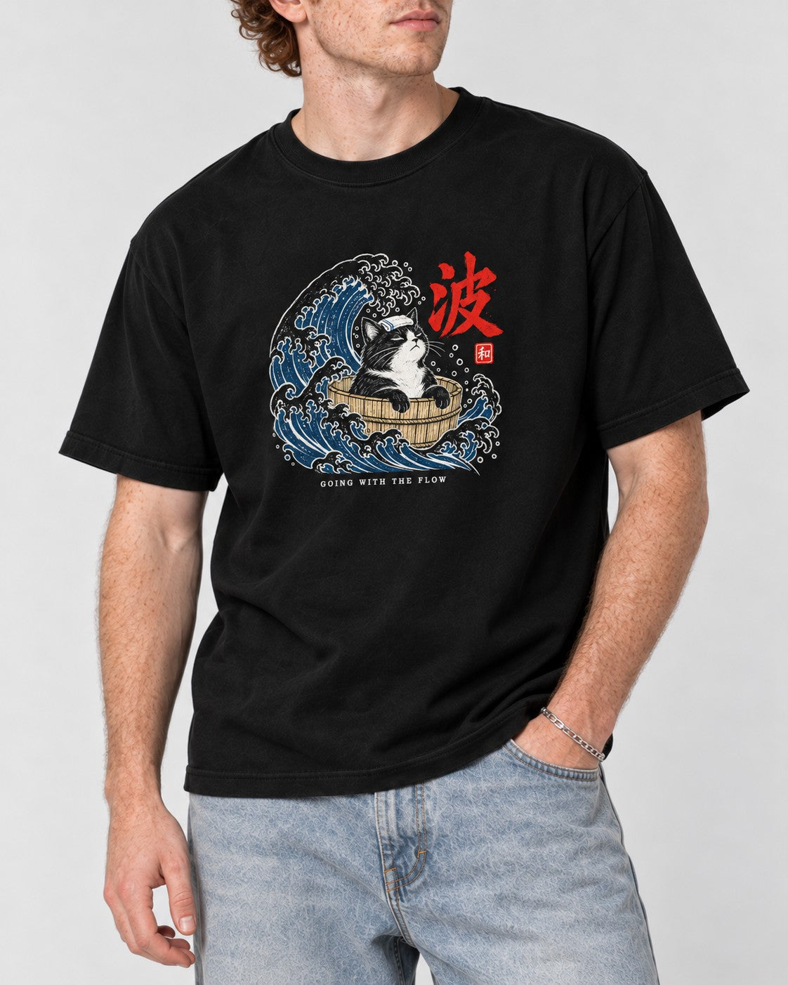 Going with the Flow Great Wave Cat T-Shirt in Black, close-up