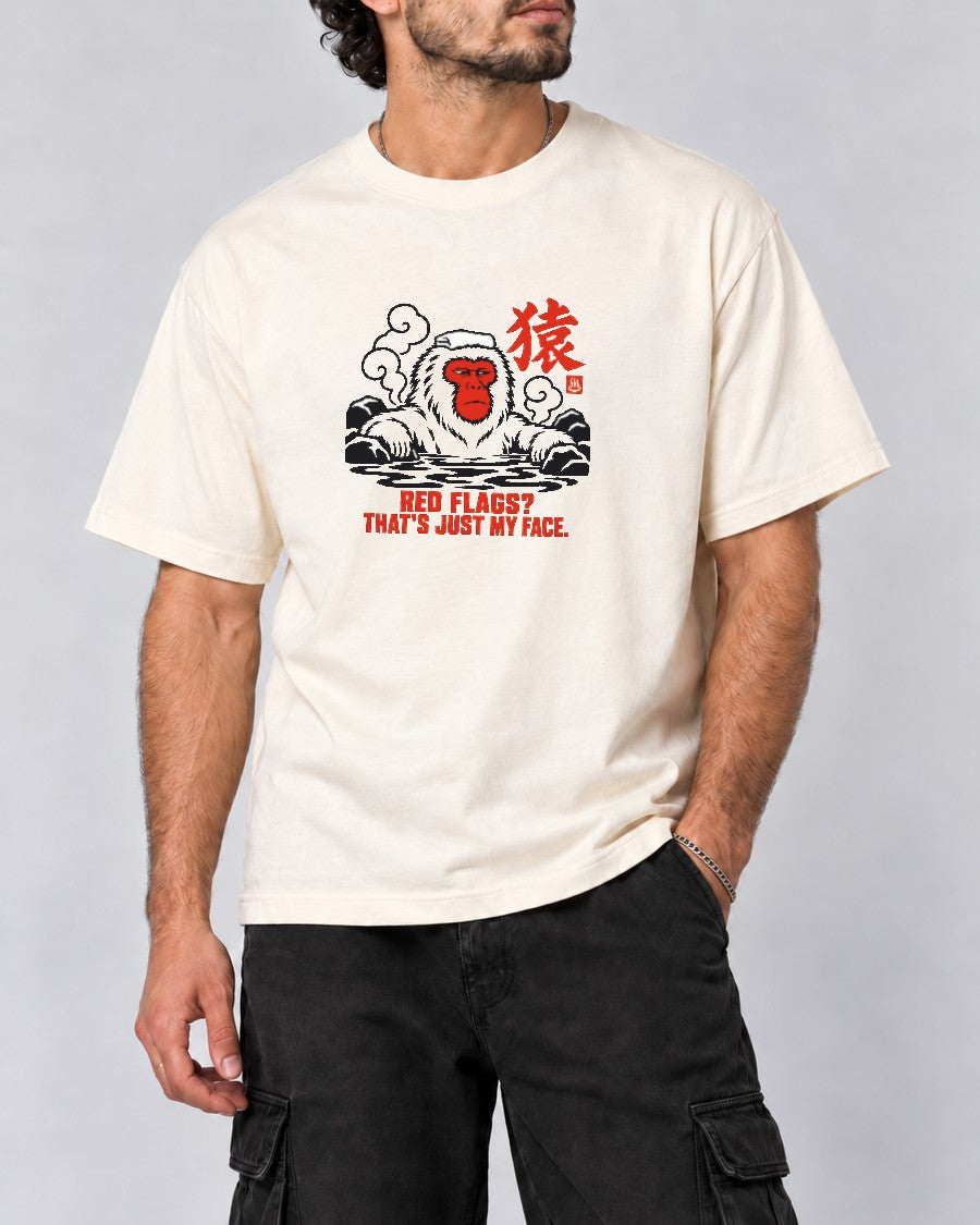 Red Flags Snow Monkey T-Shirt in Ivory, close-up