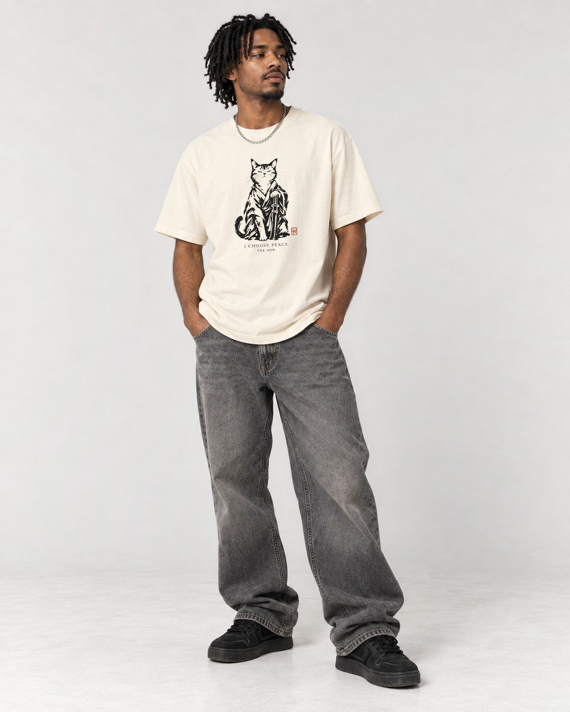 I Choose Peace Samurai Cat T-Shirt in Ivory, full body