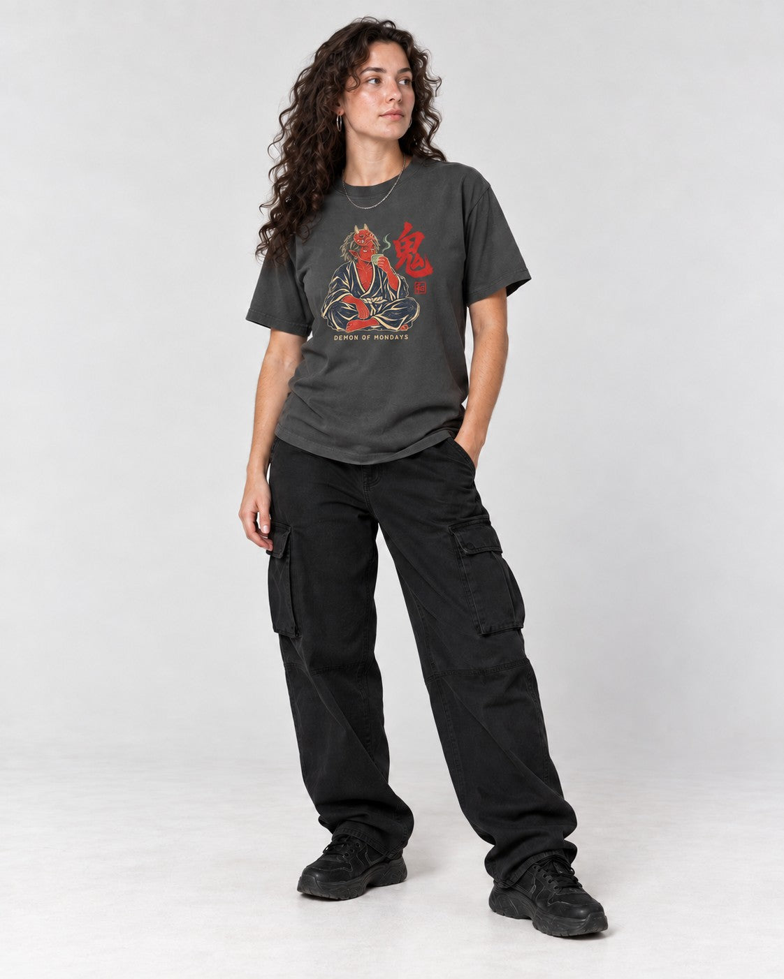 Demon of Mondays Oni T-Shirt in Pepper, full body