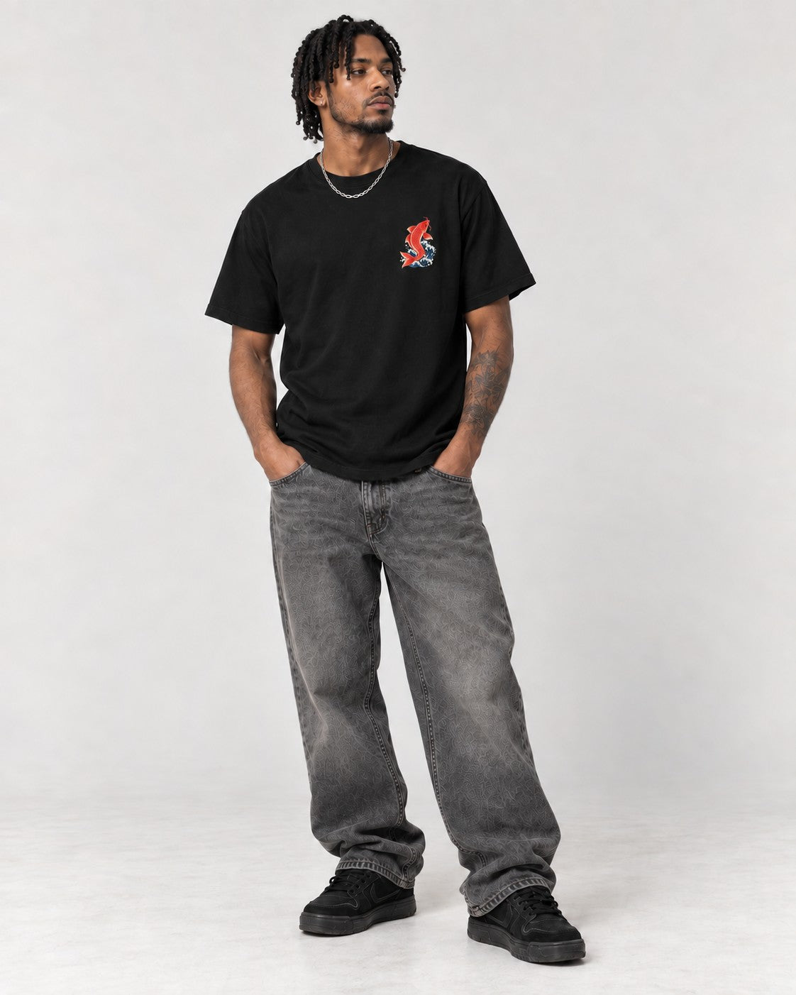 Koi Dragon Gate Back T-Shirt in Black, full body