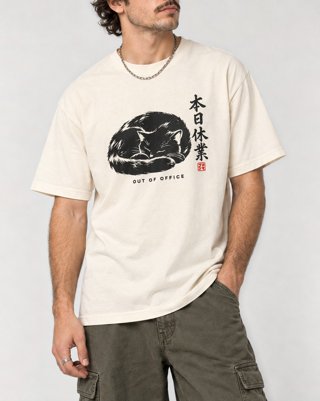 Out of Office Cat T-Shirt in Ivory, close-up