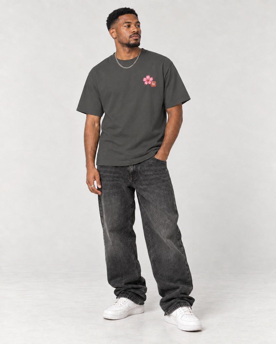 Sakura Branch Back T-Shirt in Pepper, full body
