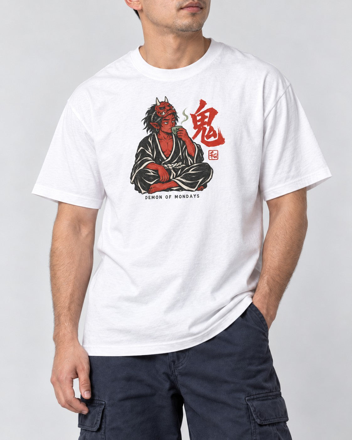 Demon of Mondays Oni T-Shirt in White, close-up