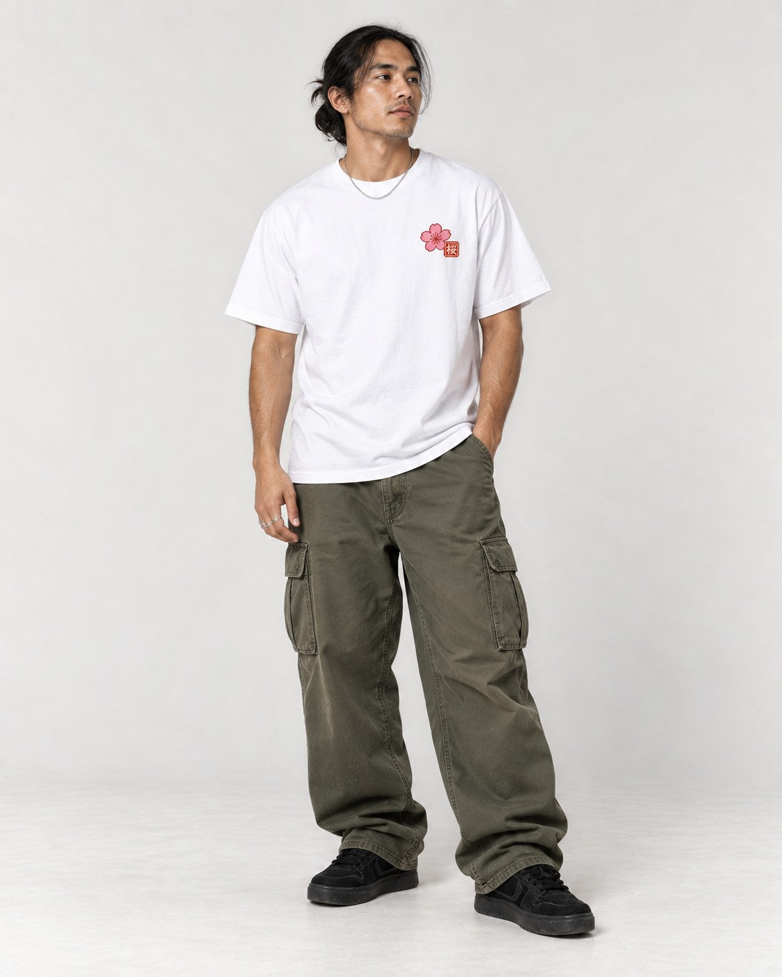 Sakura Branch Back T-Shirt in White, full body