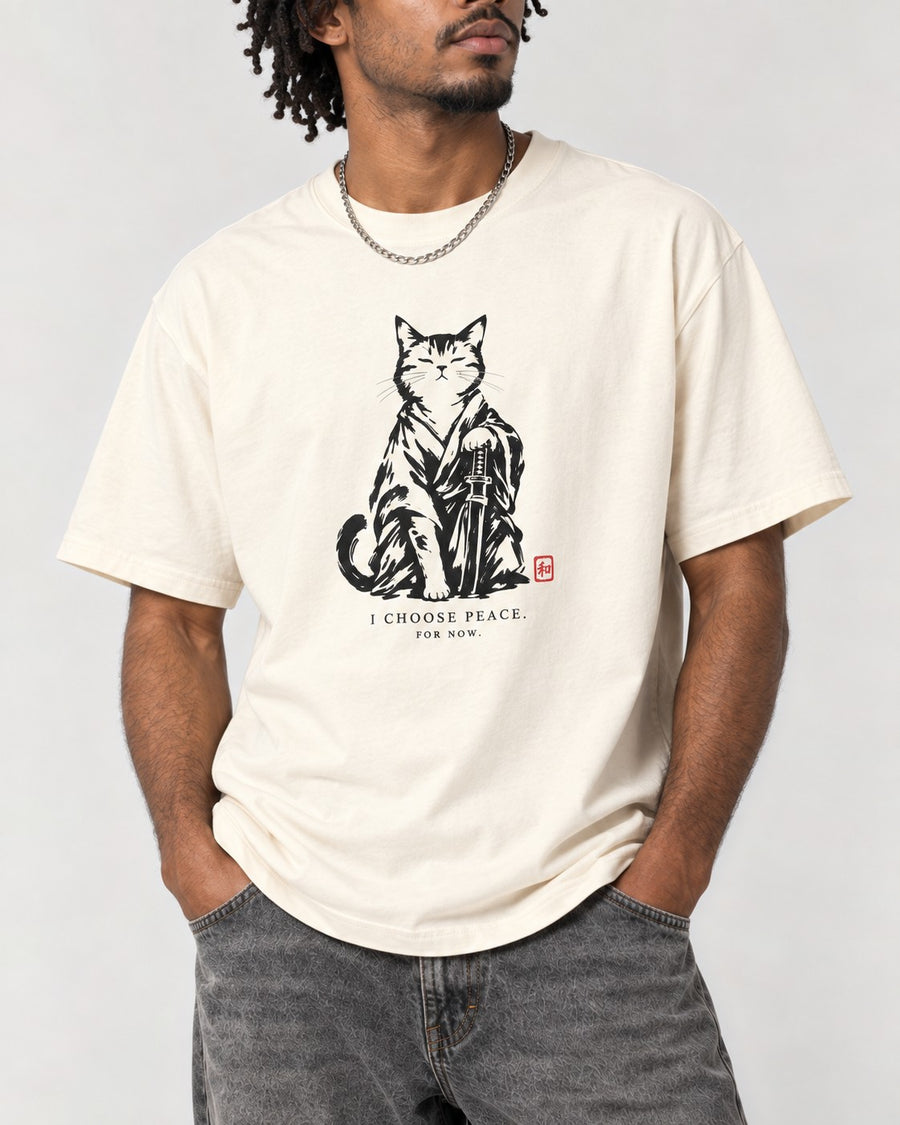 I Choose Peace Samurai Cat T-Shirt in Ivory, close-up