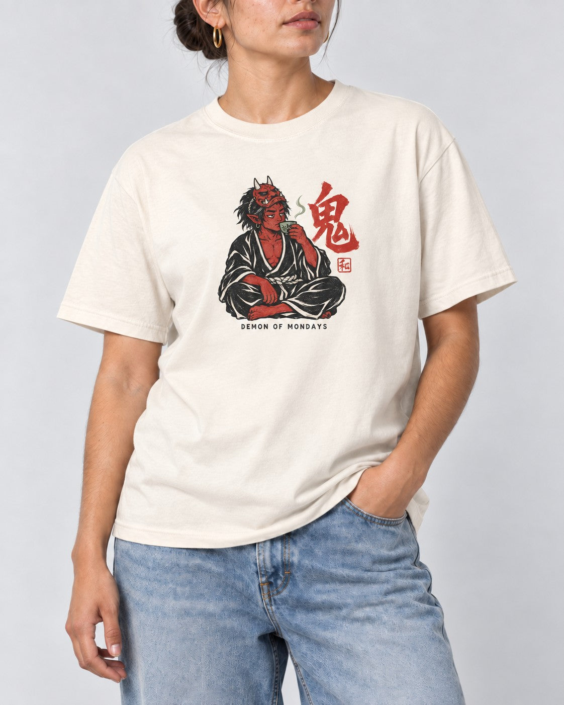 Demon of Mondays Oni T-Shirt in Ivory, close-up