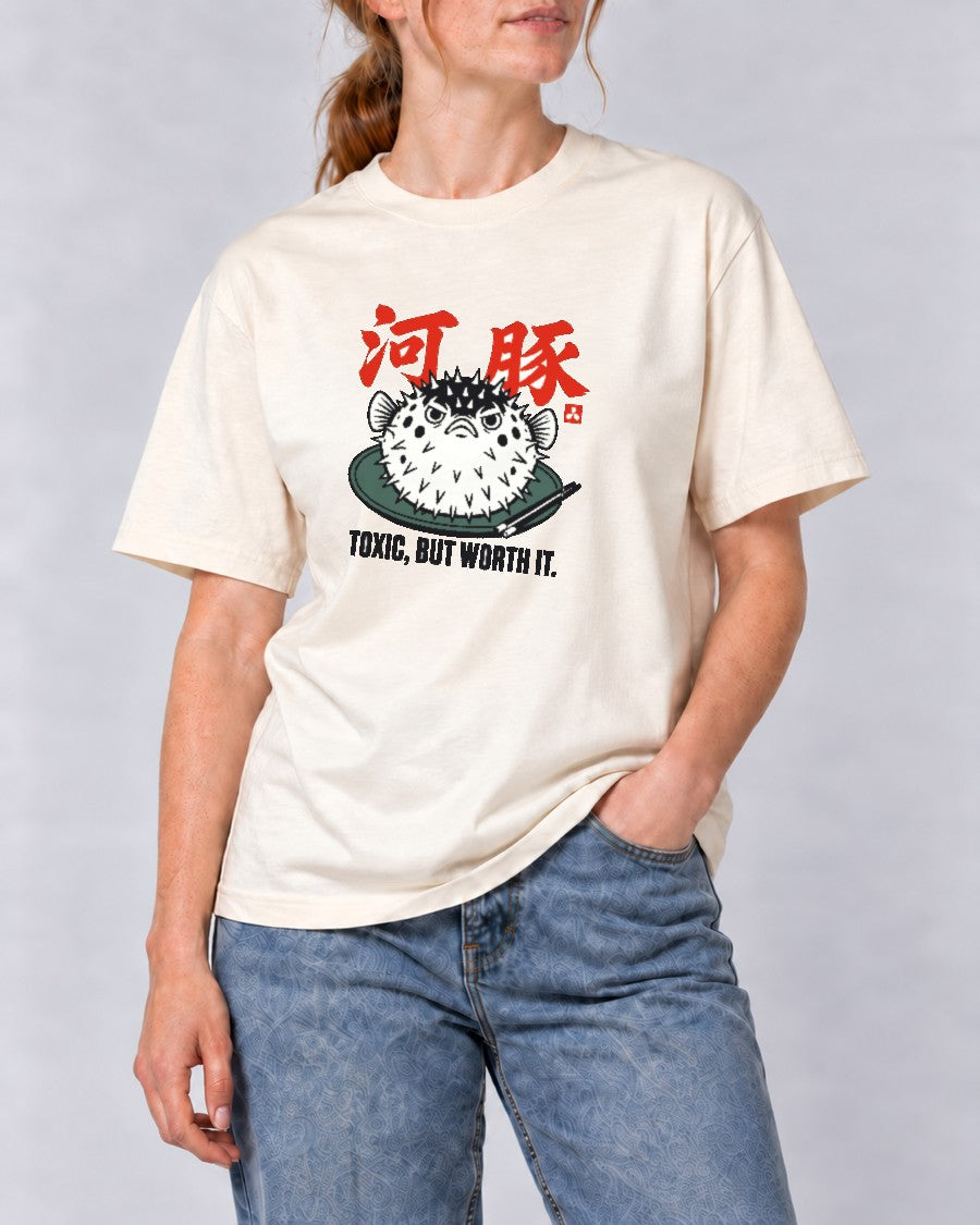 Toxic But Worth It Pufferfish T-Shirt in Ivory, close-up