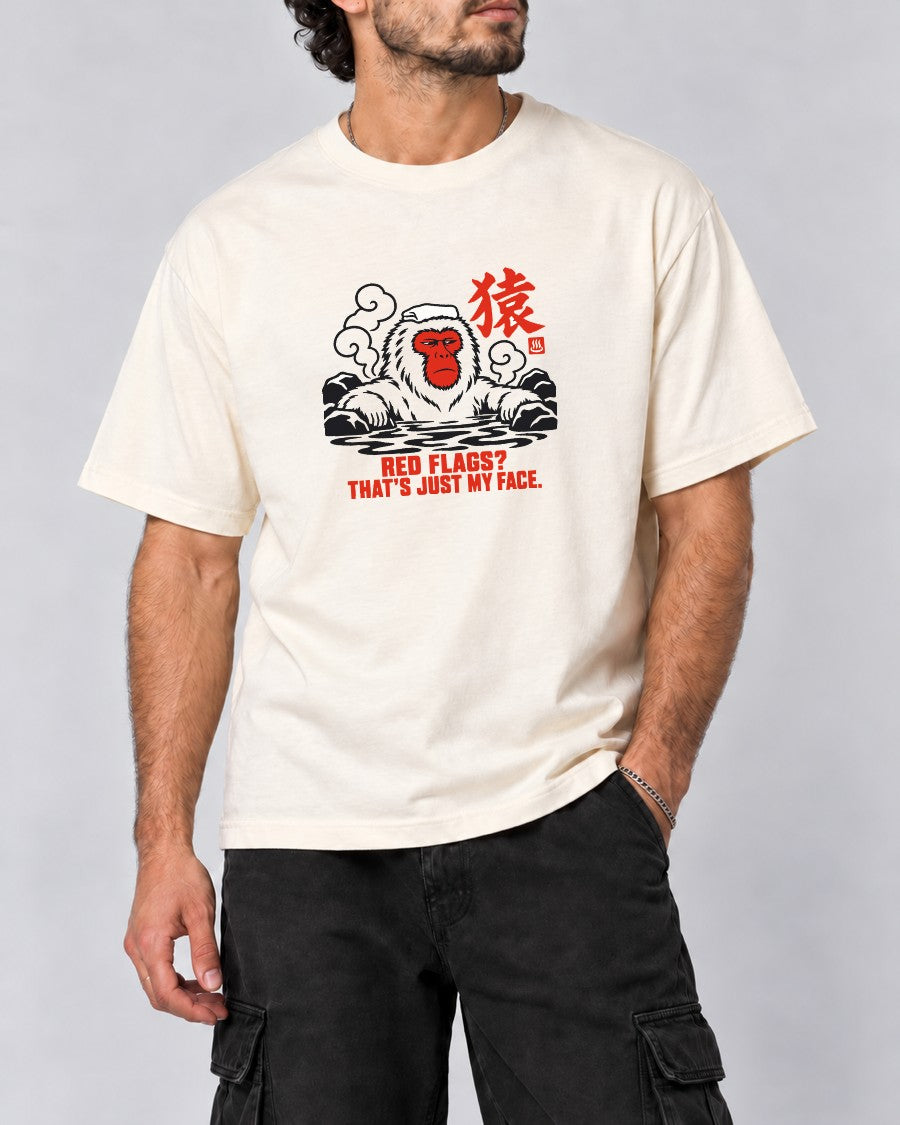 Red Flags Snow Monkey T-Shirt in Ivory, close-up