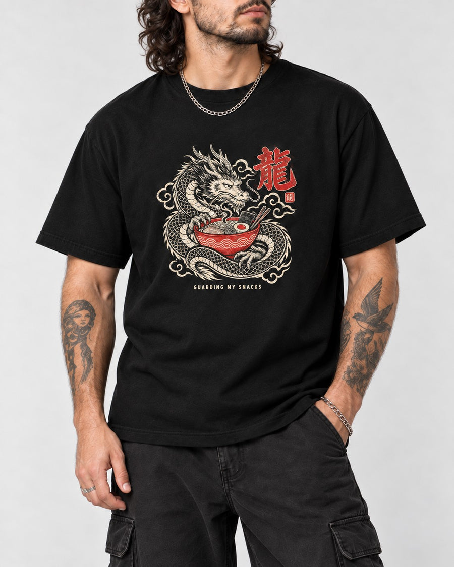 Guarding My Snacks Dragon Ramen T-Shirt in Black, close-up