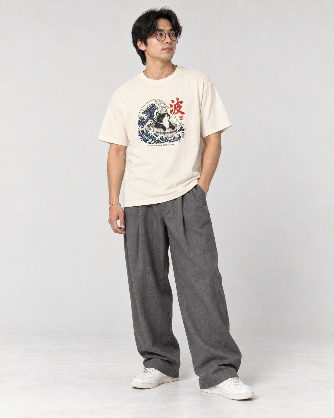 Going with the Flow Great Wave Cat T-Shirt in Ivory, full body