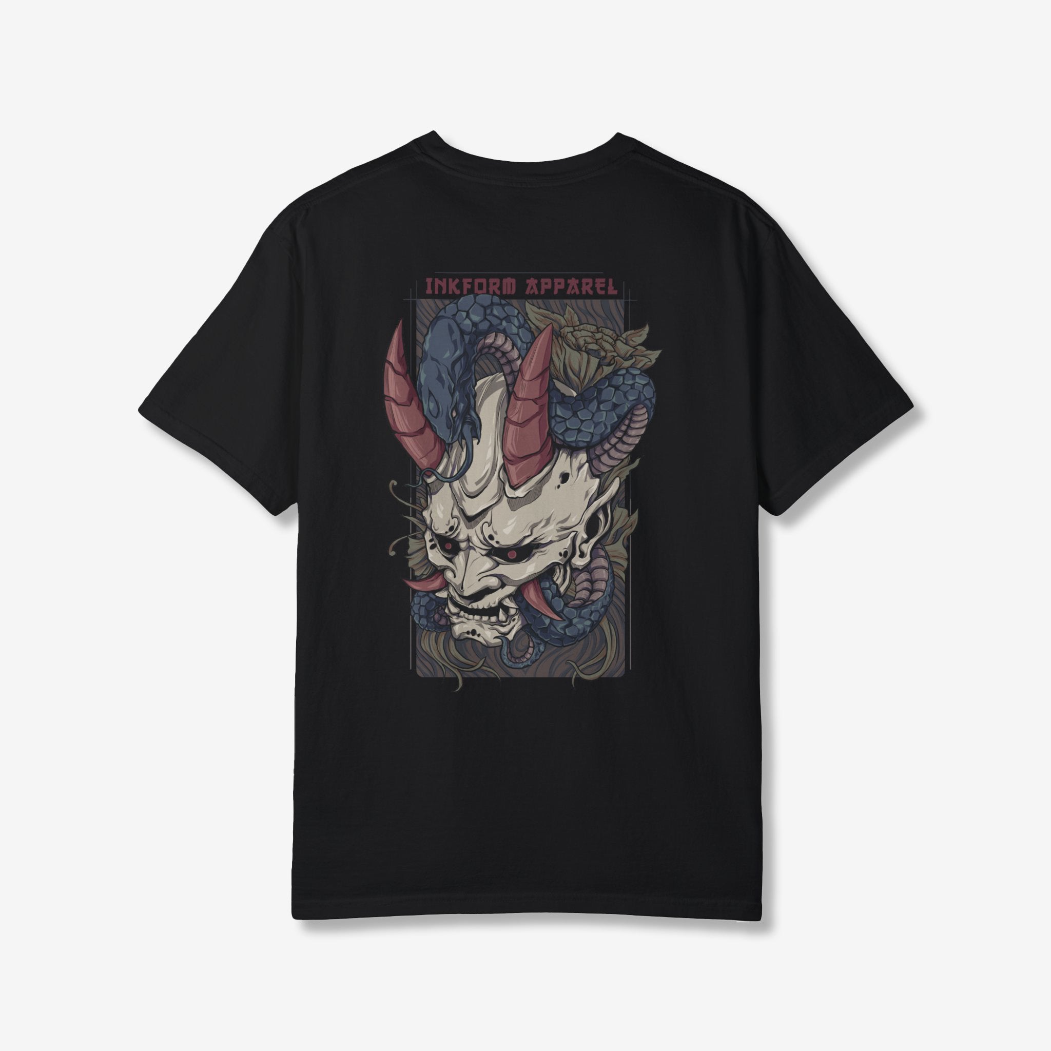 White Oni Mask with Snake Back T-Shirt | Japanese Graphic
