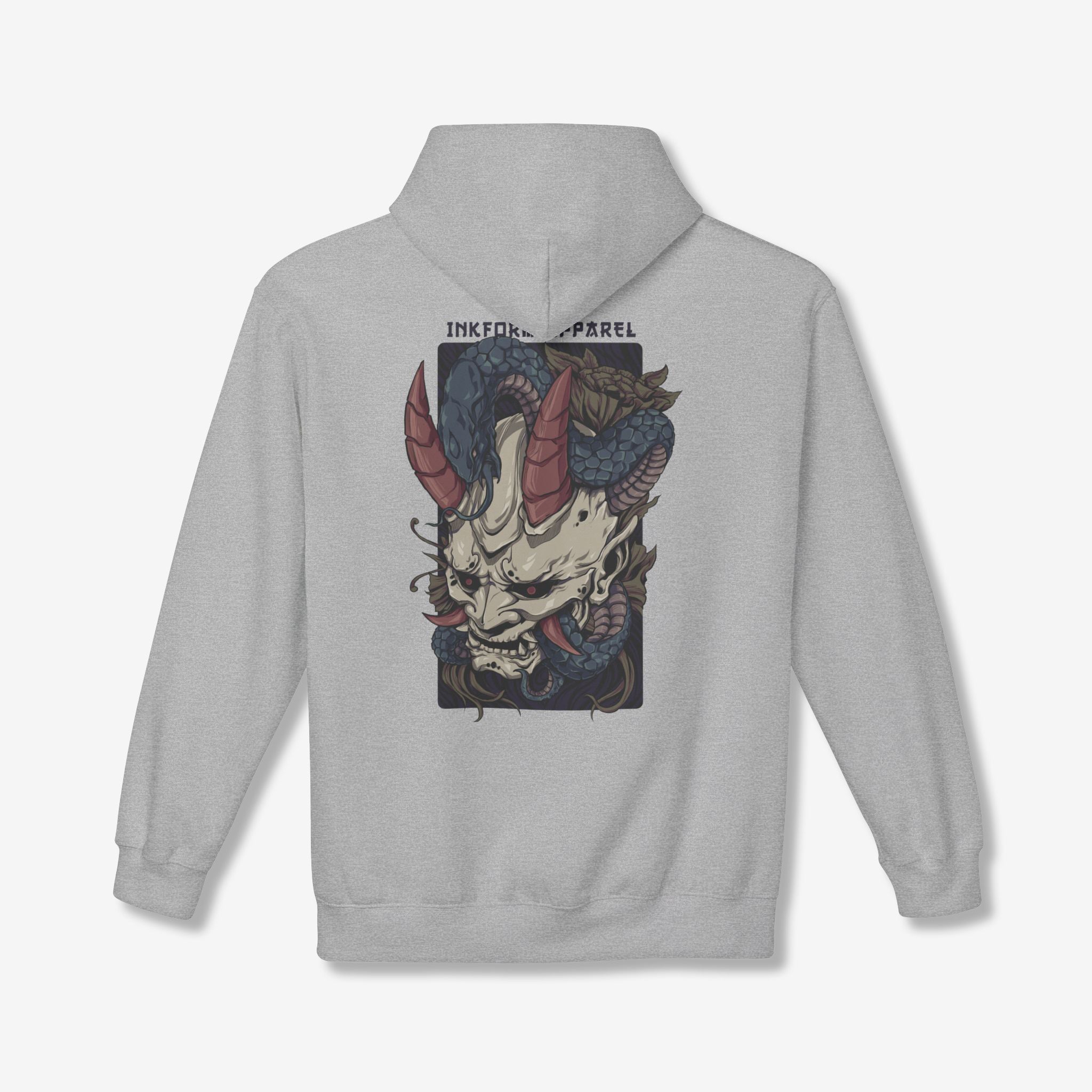 White Oni Mask with Snake Back Hoodie | Japanese Graphic Hoodies
