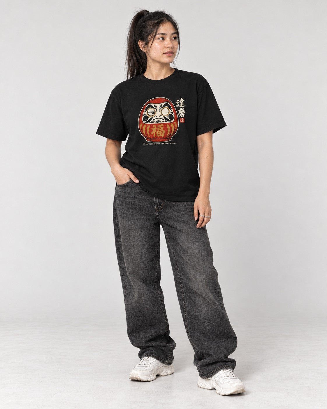 Still Working on the Other Eye Daruma T-Shirt in Black, full body
