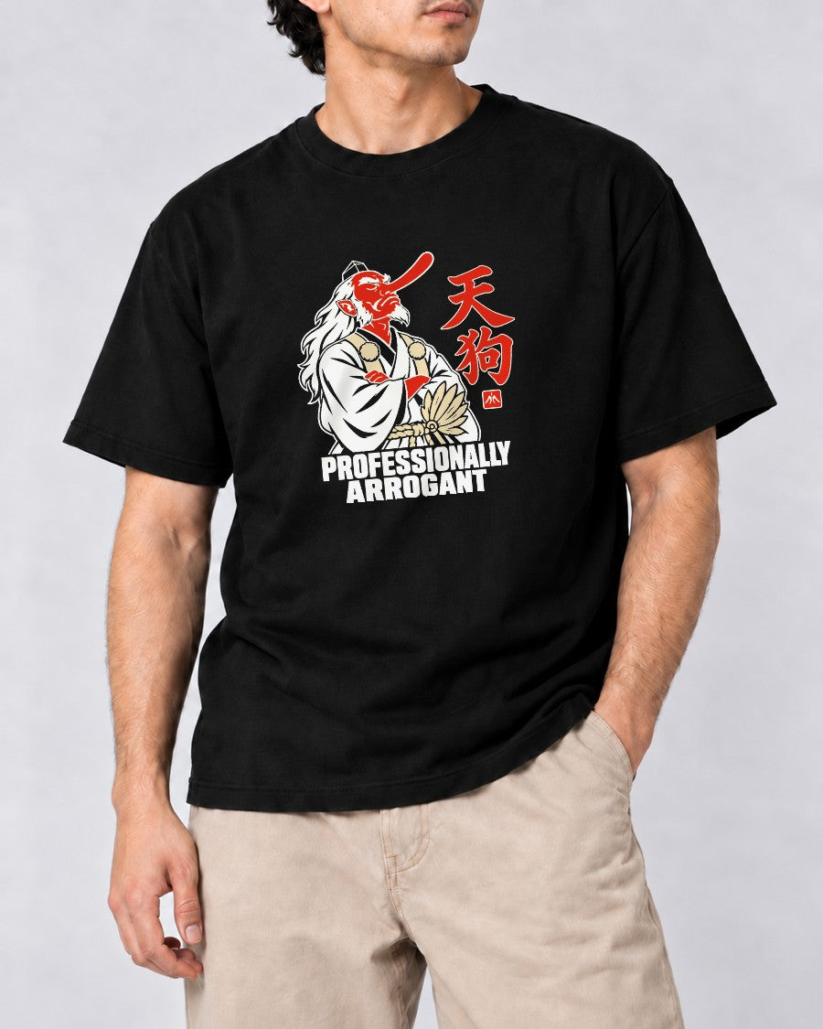 Professionally Arrogant Tengu T-Shirt in Black, close-up