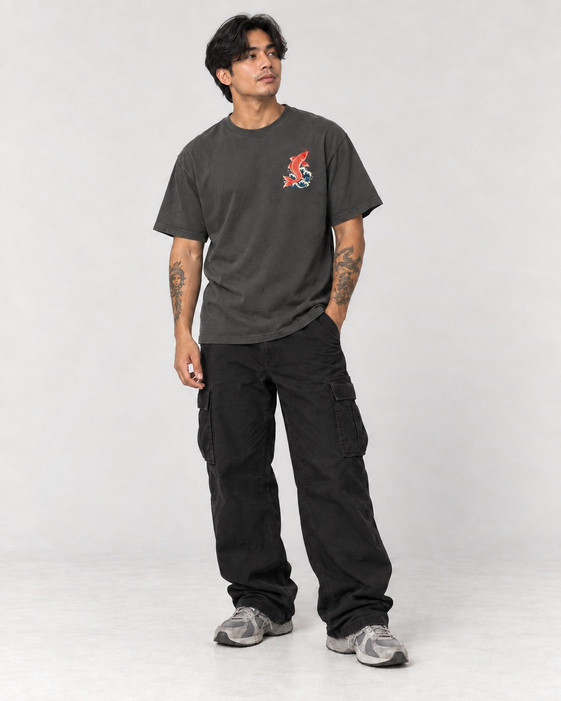 Koi Dragon Gate Back T-Shirt in Pepper, full body