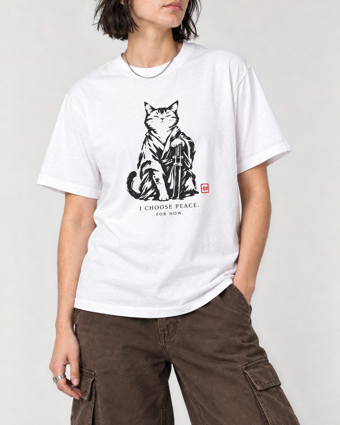 I Choose Peace Samurai Cat T-Shirt in White, close-up