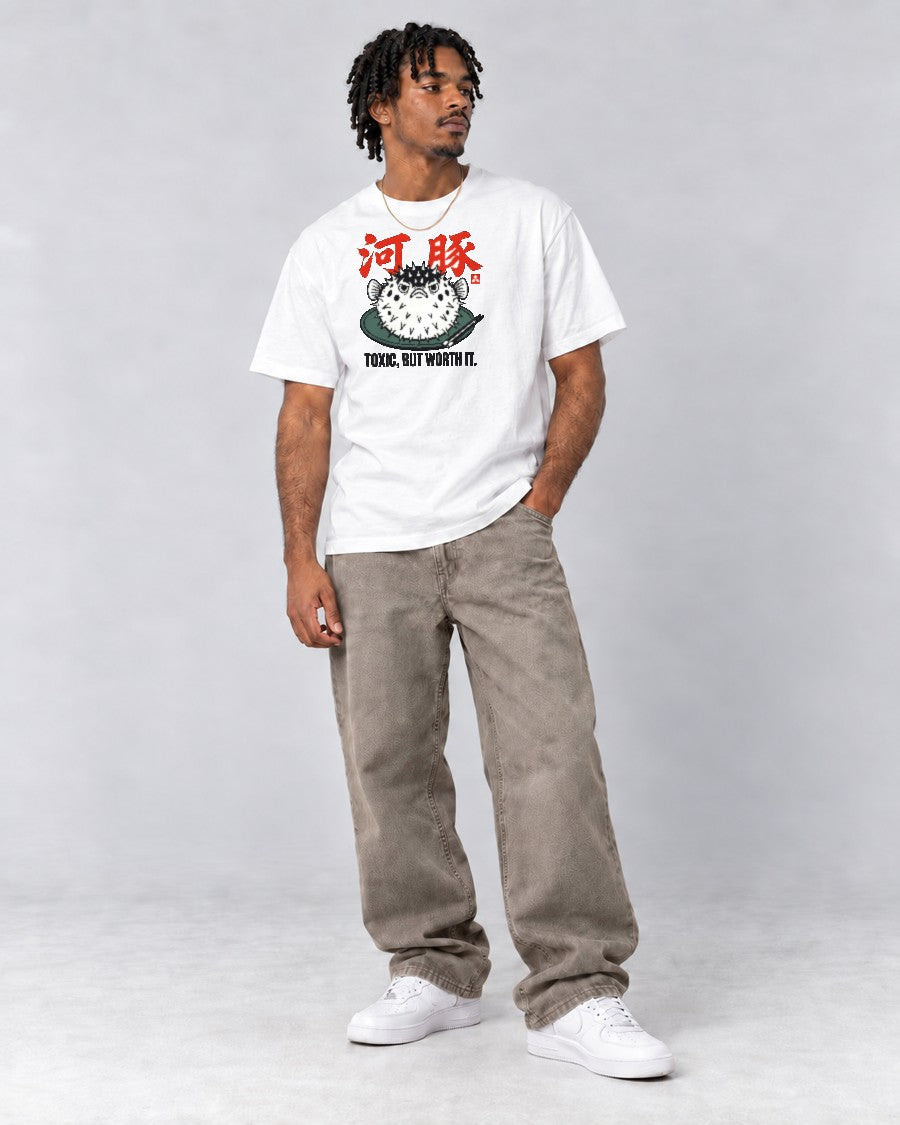 Toxic But Worth It Pufferfish T-Shirt in White, full body
