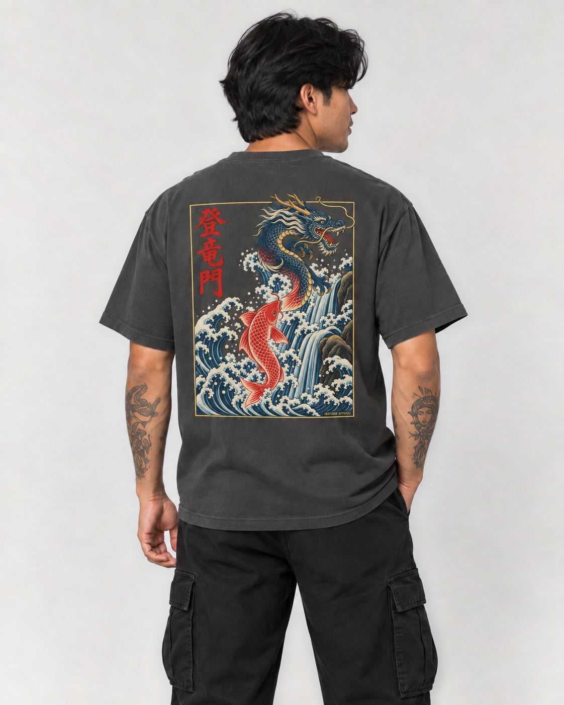 Koi Dragon Gate Back T-Shirt in Pepper, back