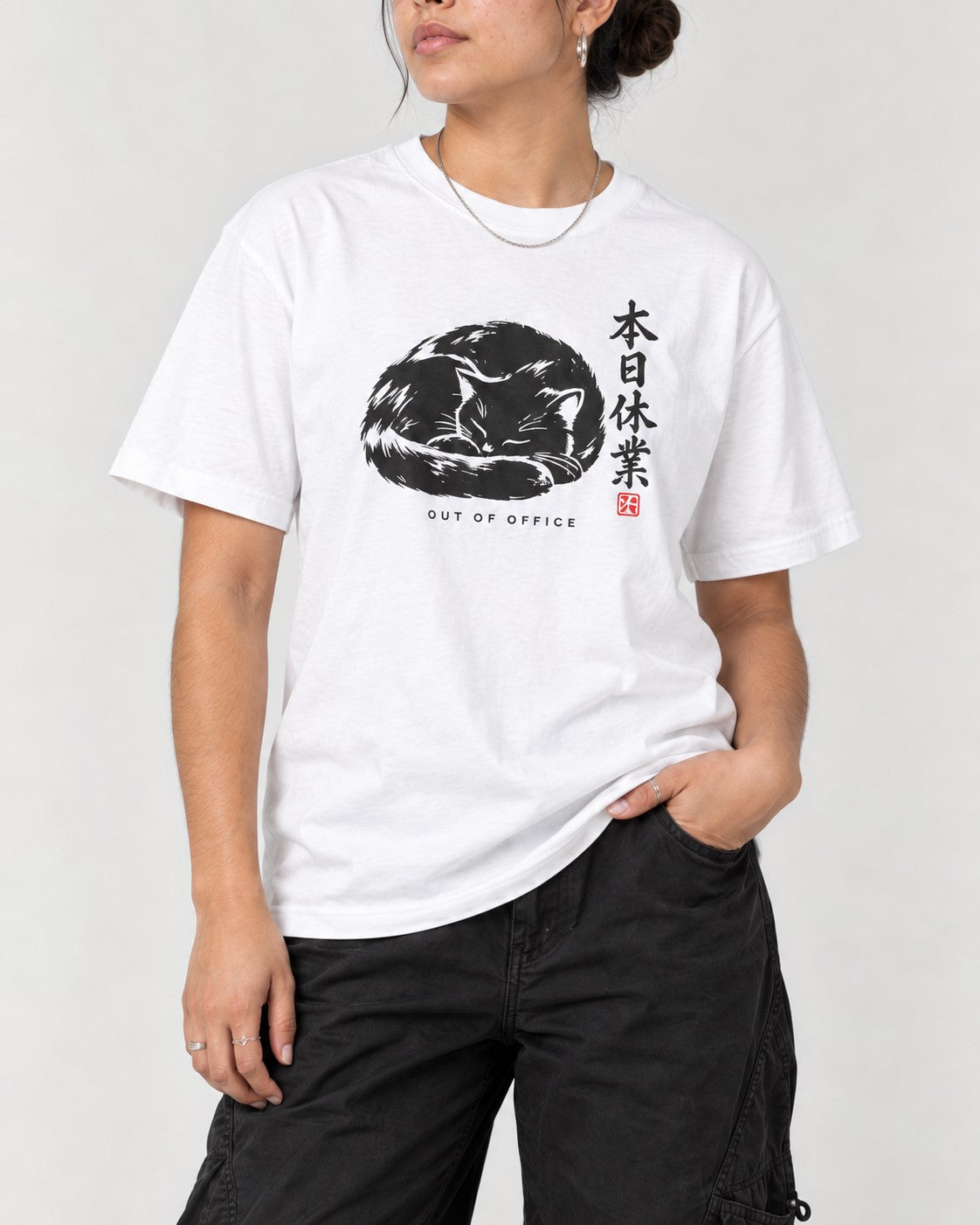 Out of Office Cat T-Shirt in White, close-up