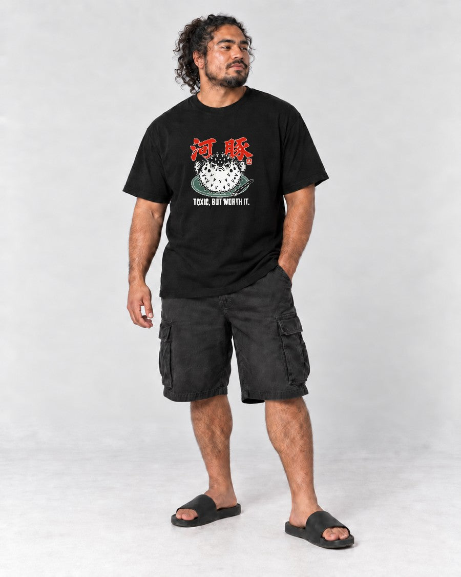 Toxic But Worth It Pufferfish T-Shirt in Black, full body