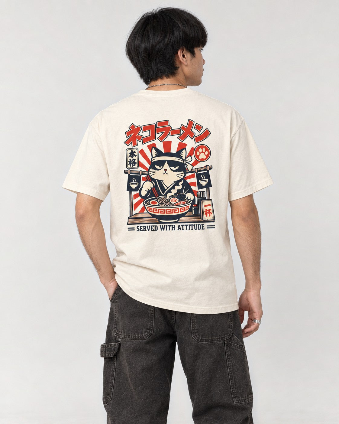 Cat Ramen Back T-Shirt in Ivory, back