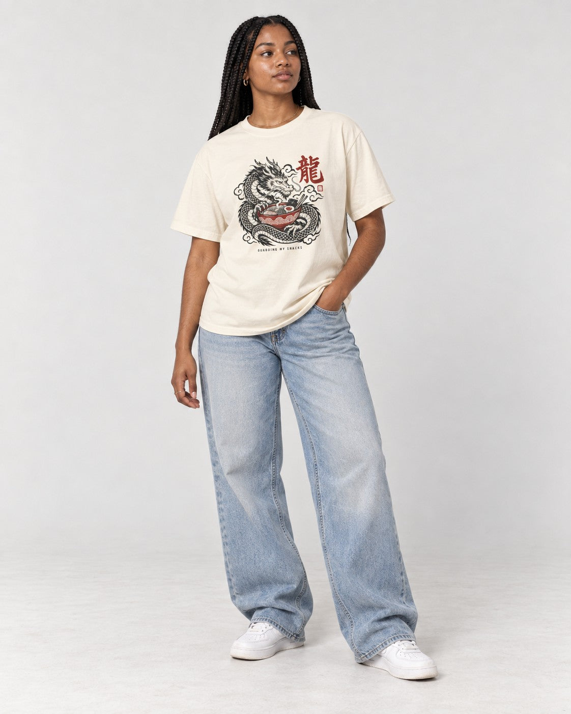 Guarding My Snacks Dragon Ramen T-Shirt in Ivory, full body