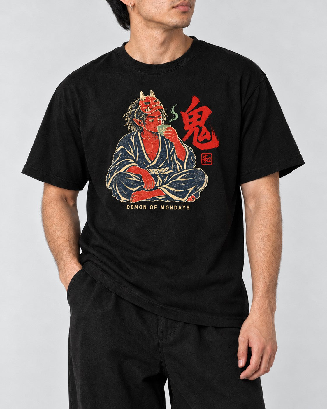 Demon of Mondays Oni T-Shirt in Black, close-up
