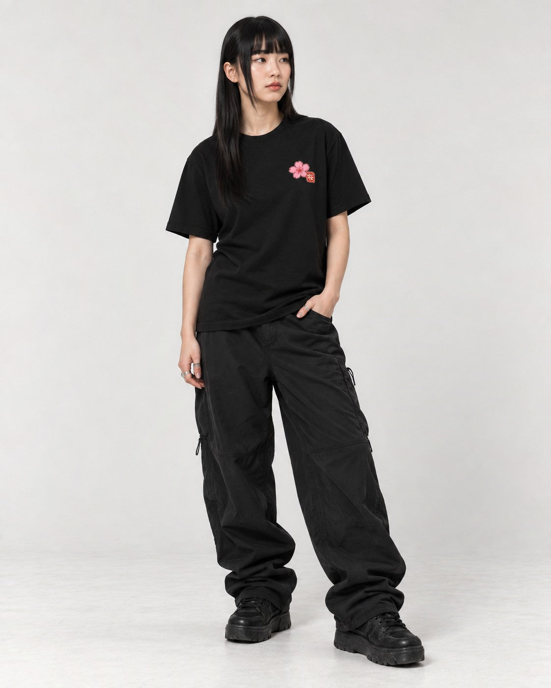 Sakura Branch Back T-Shirt in Black, full body
