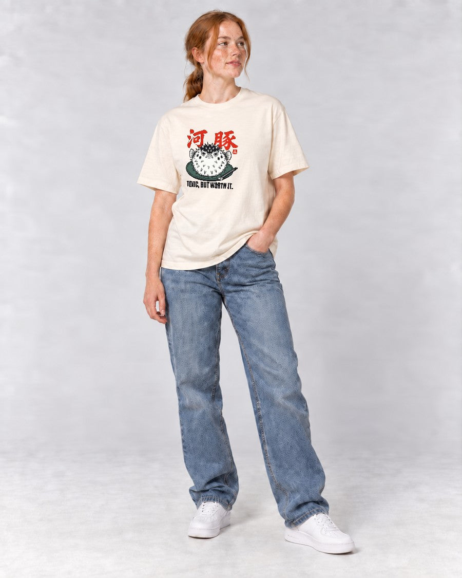 Toxic But Worth It Pufferfish T-Shirt in Ivory, full body