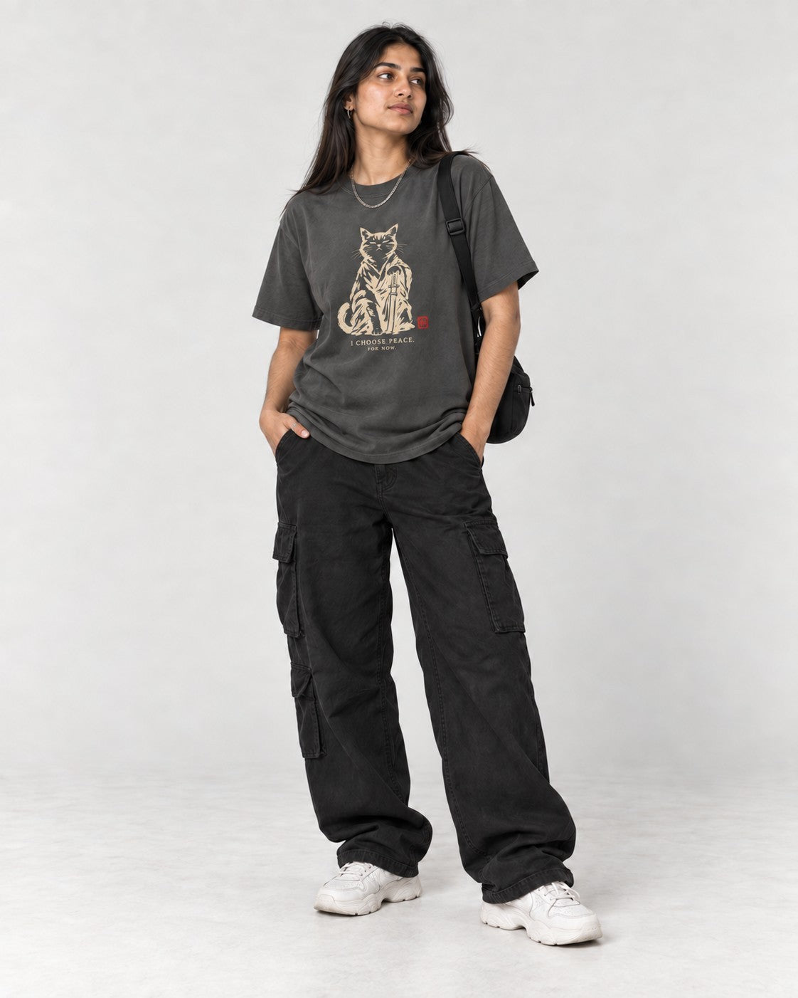 I Choose Peace Samurai Cat T-Shirt in Pepper, full body