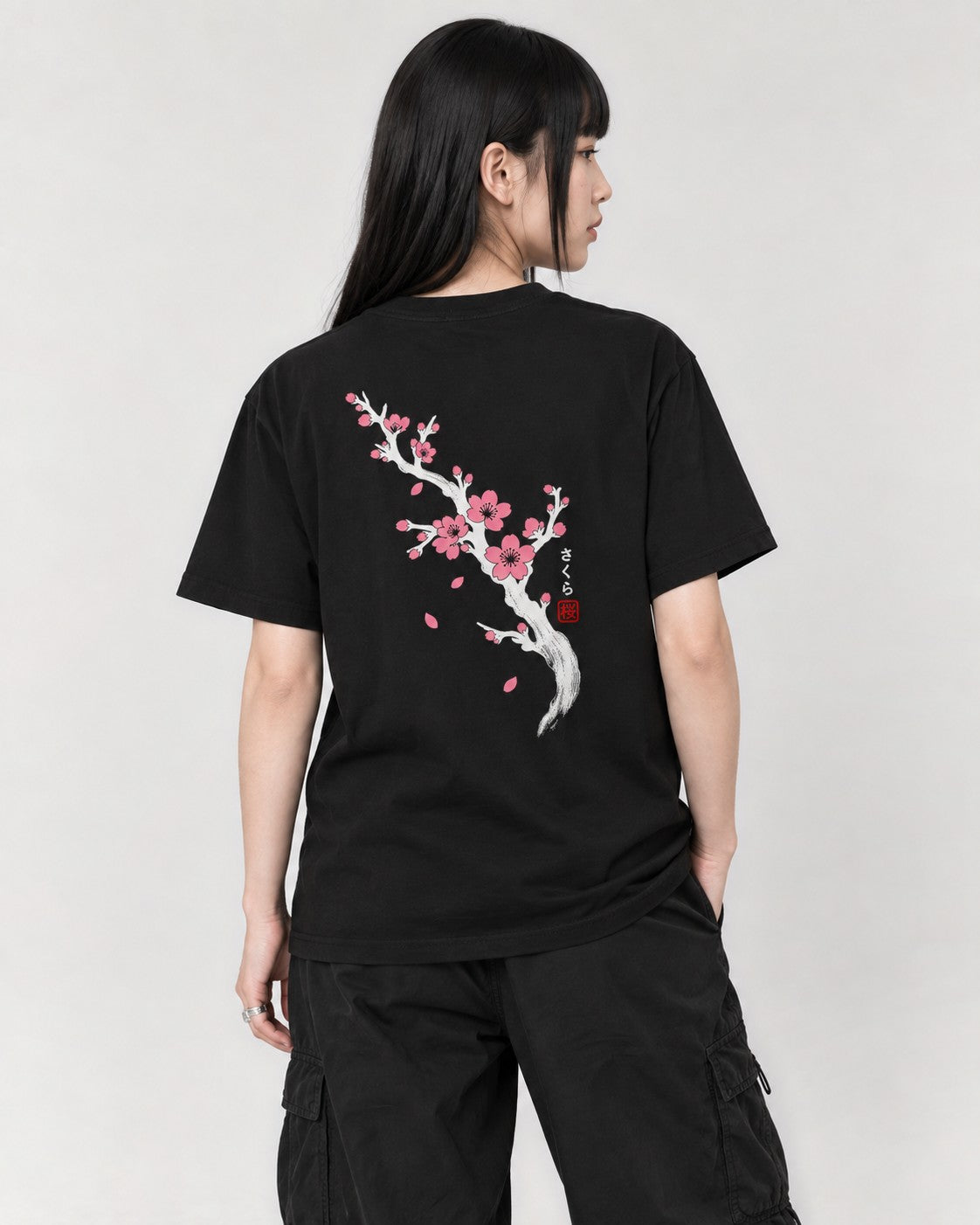 Sakura Branch Back T-Shirt in Black, back