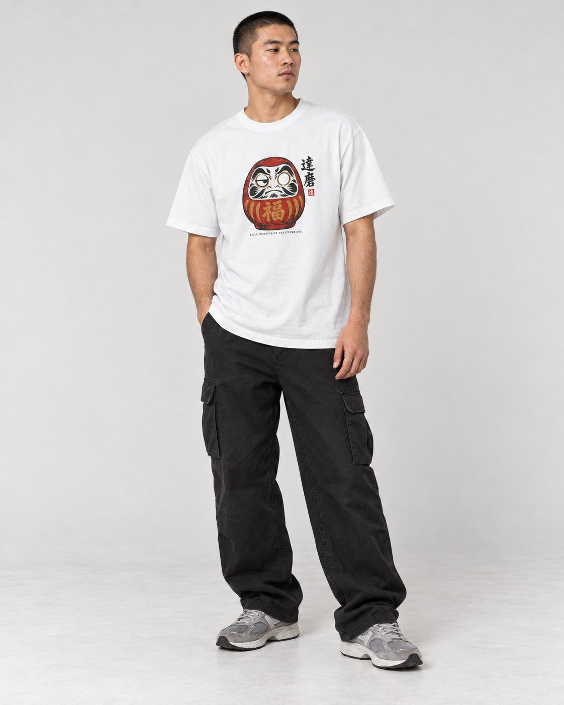 Still Working on the Other Eye Daruma T-Shirt in White, full body