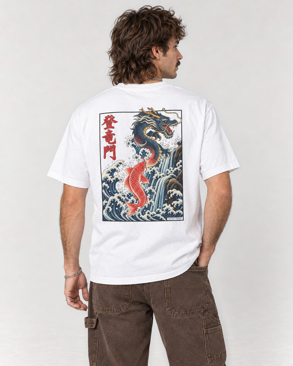 Koi Dragon Gate Back T-Shirt in White, back