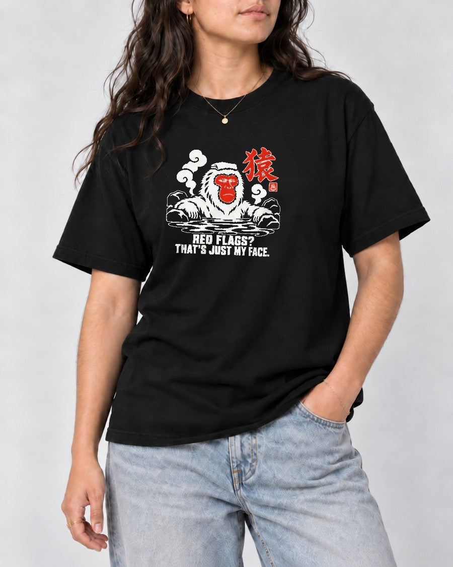 Red Flags Snow Monkey T-Shirt in Black, close-up