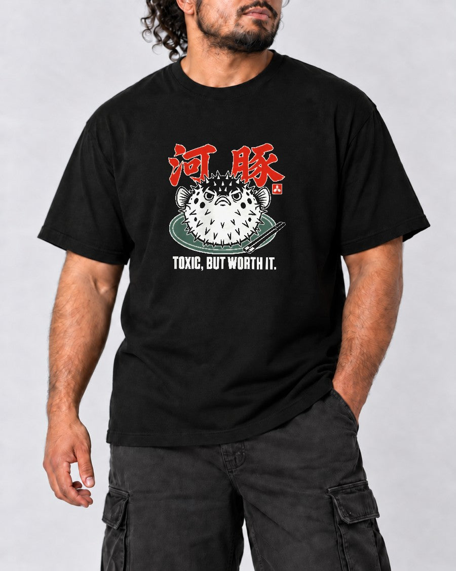 Toxic But Worth It Pufferfish T-Shirt in Black, close-up