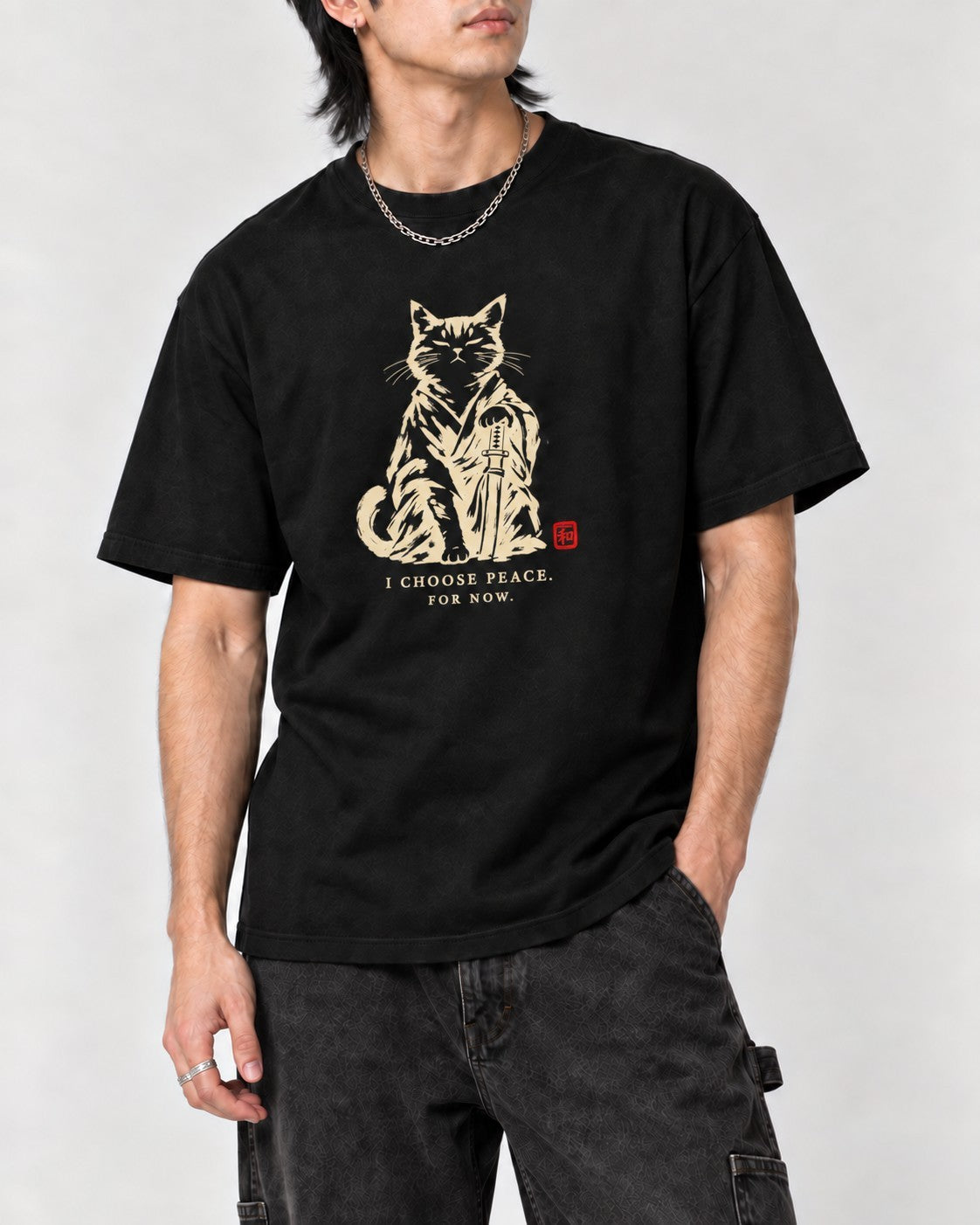 I Choose Peace Samurai Cat T-Shirt in Black, close-up