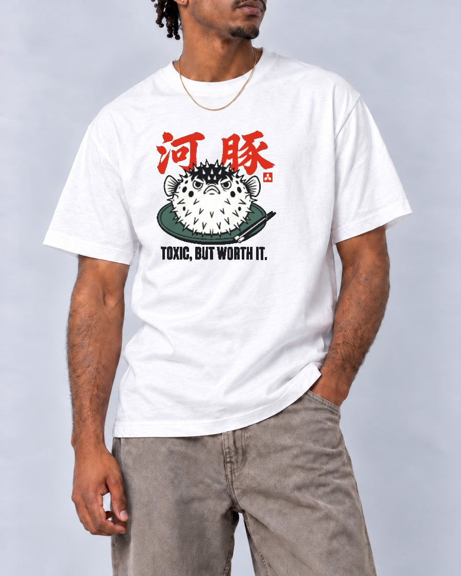 Toxic But Worth It Pufferfish T-Shirt in White, close-up