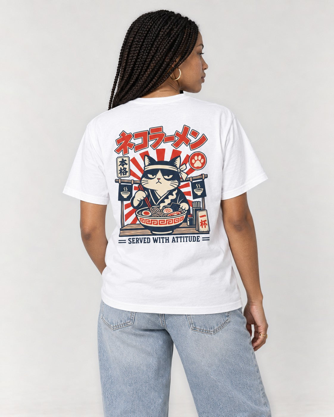 Cat Ramen Back T-Shirt in White, back