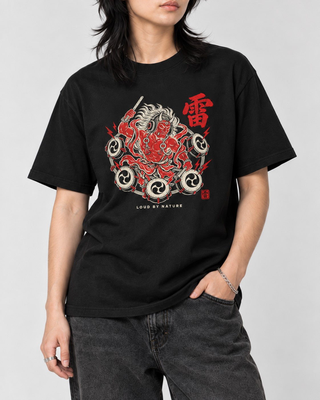 Loud by Nature Raijin T-Shirt in Black, close-up