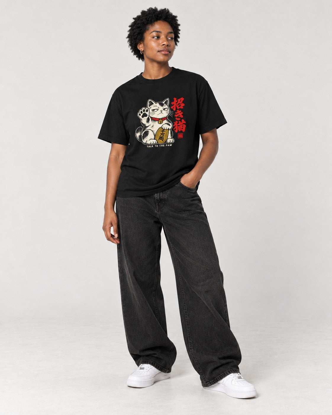 Talk to the Paw Maneki Cat T-Shirt in Black, full body