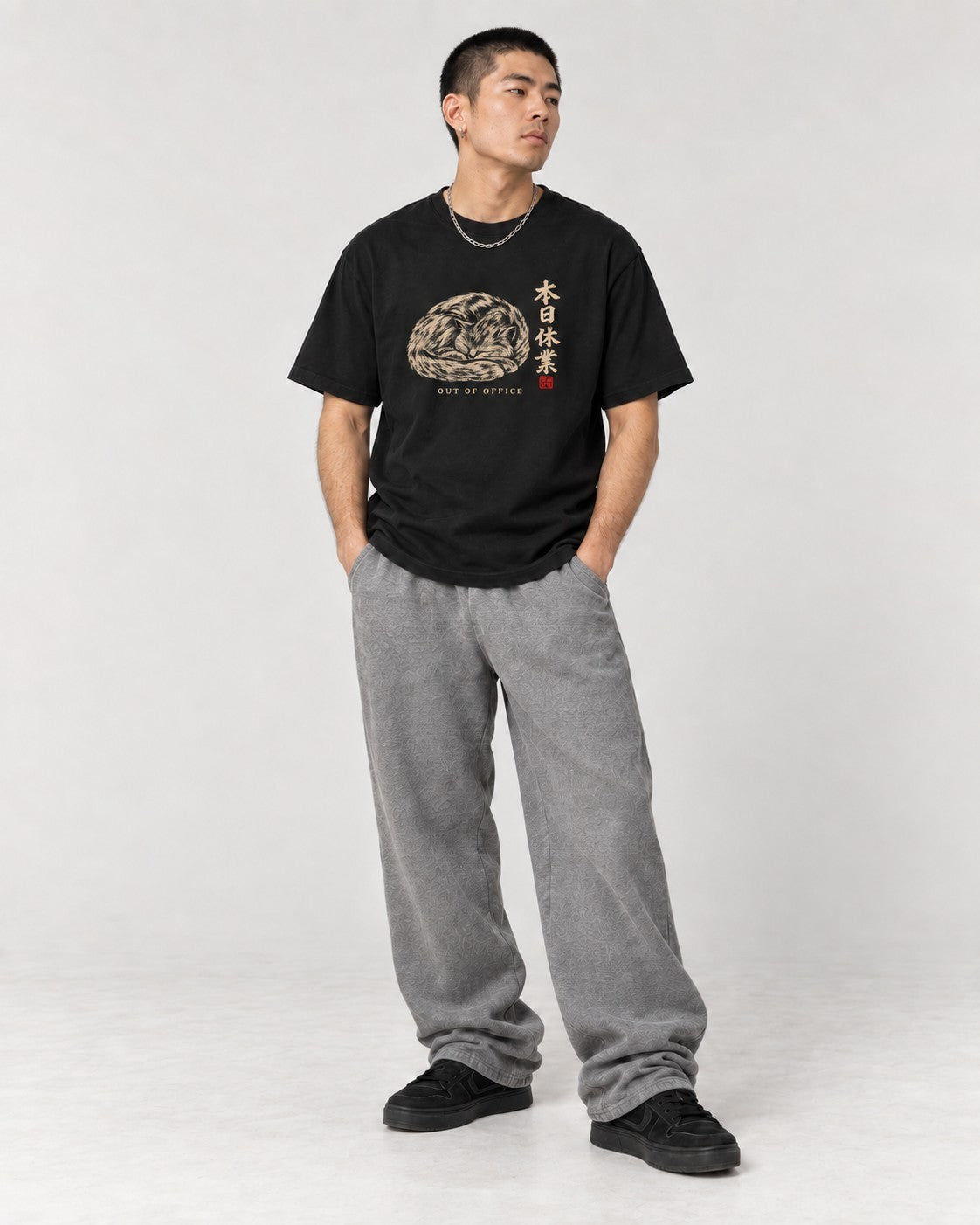 Out of Office Cat T-Shirt in Black, full body