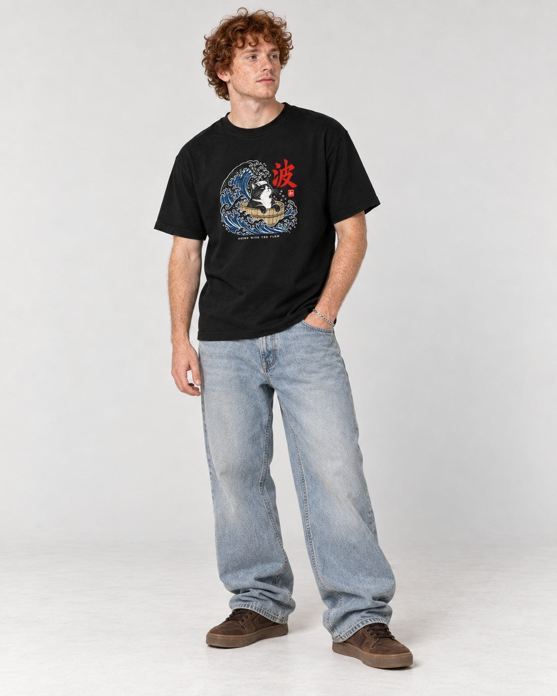 Going with the Flow Great Wave Cat T-Shirt in Black, full body