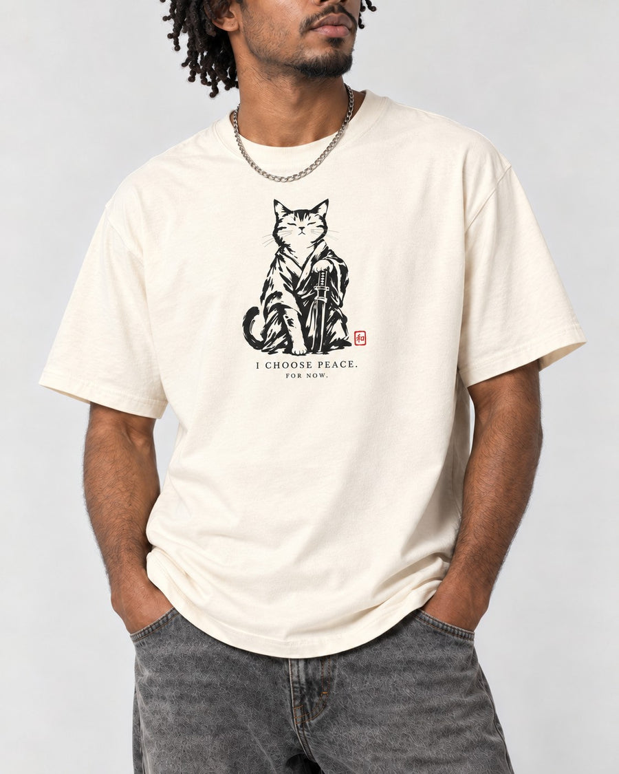 I Choose Peace Samurai Cat T-Shirt in Ivory, close-up