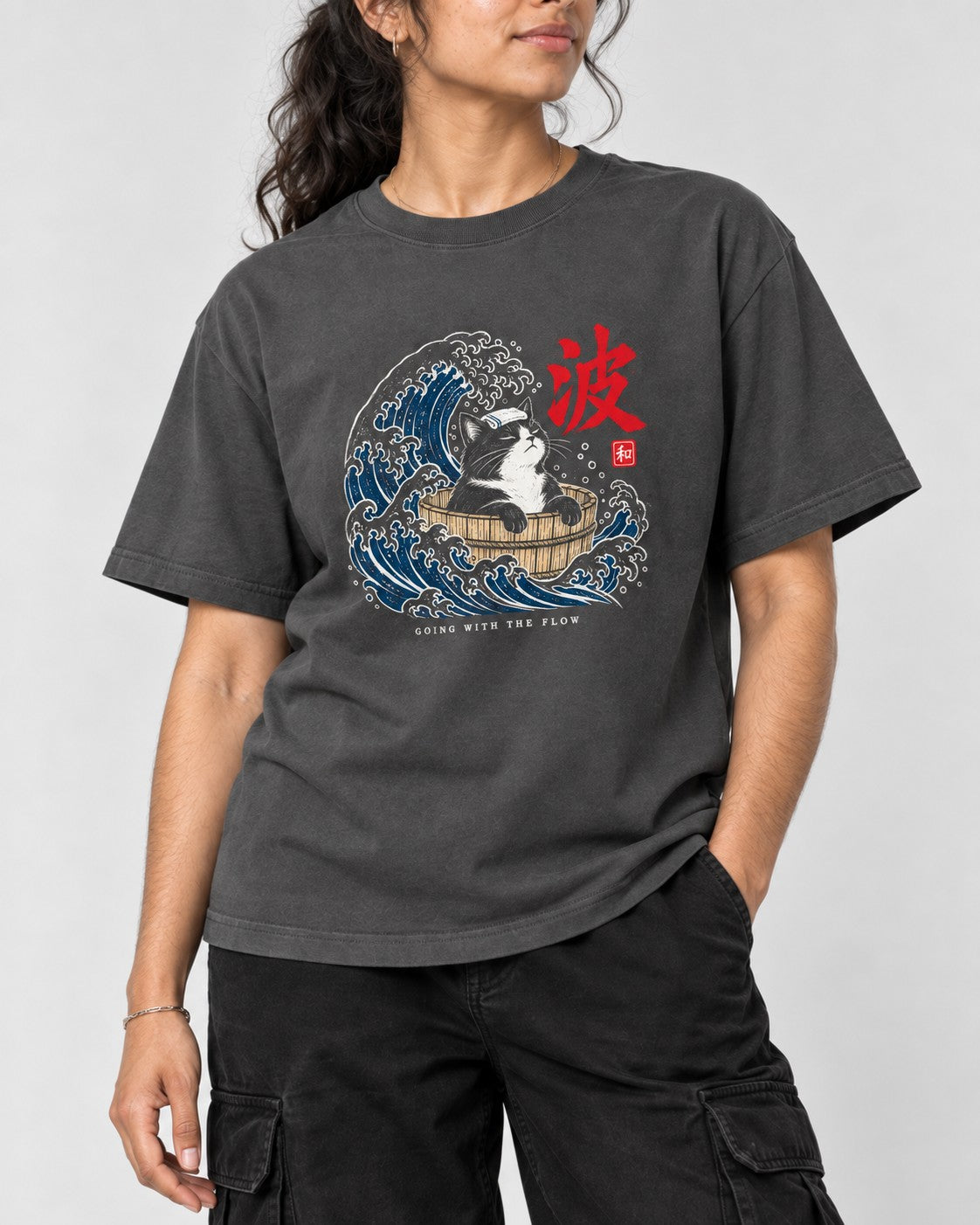 Going with the Flow Great Wave Cat T-Shirt in Pepper, close-up