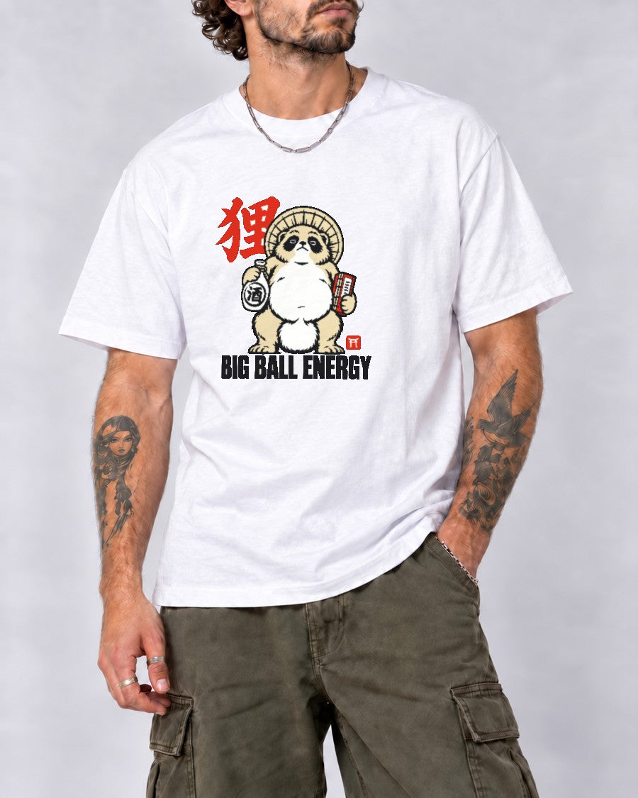Big Ball Energy Tanuki T-Shirt in White, close-up