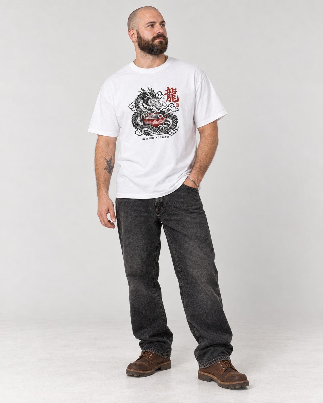 Guarding My Snacks Dragon Ramen T-Shirt in White, full body