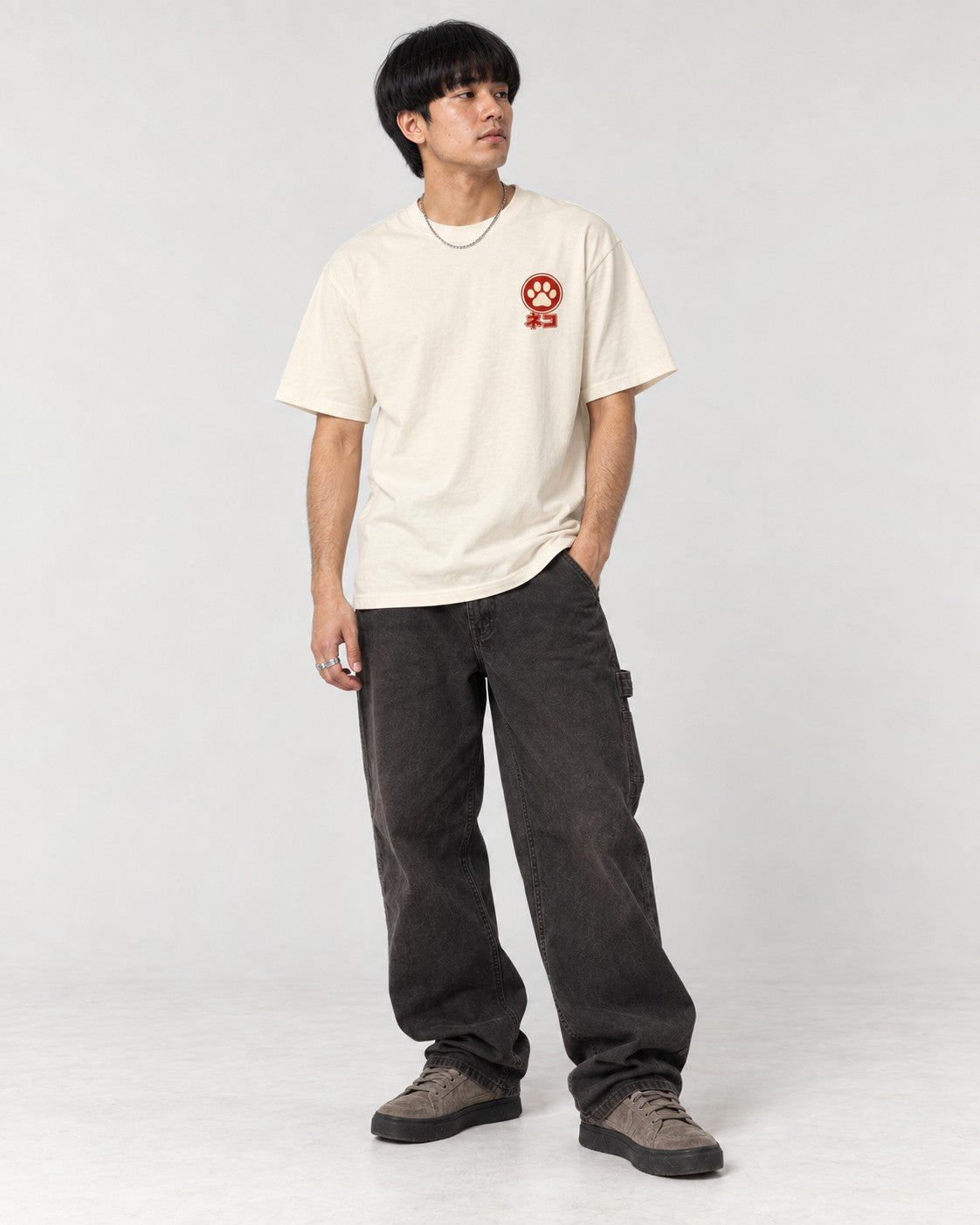 Cat Ramen Back T-Shirt in Ivory, full body