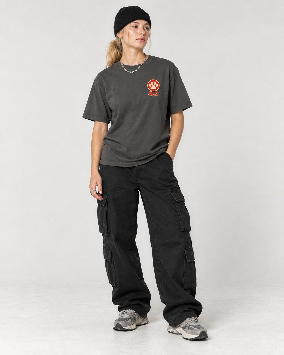 Cat Ramen Back T-Shirt in Pepper, full body